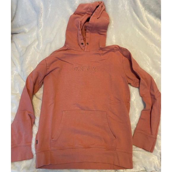 Women’s OBEY Shepard Fairy Coral Pink Cotton Hoodie Small Skate Punk Y2K Sweater - Picture 1 of 7